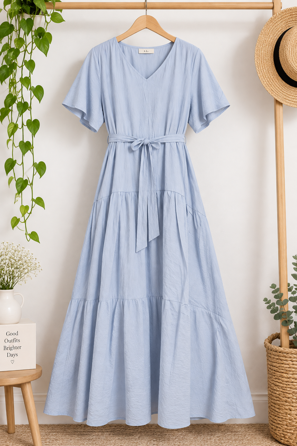 Women's Cotton Blend Tiered Maxi Dress with Tie Waist & V-Neck – Short Sleeve Casual Summer Dress
