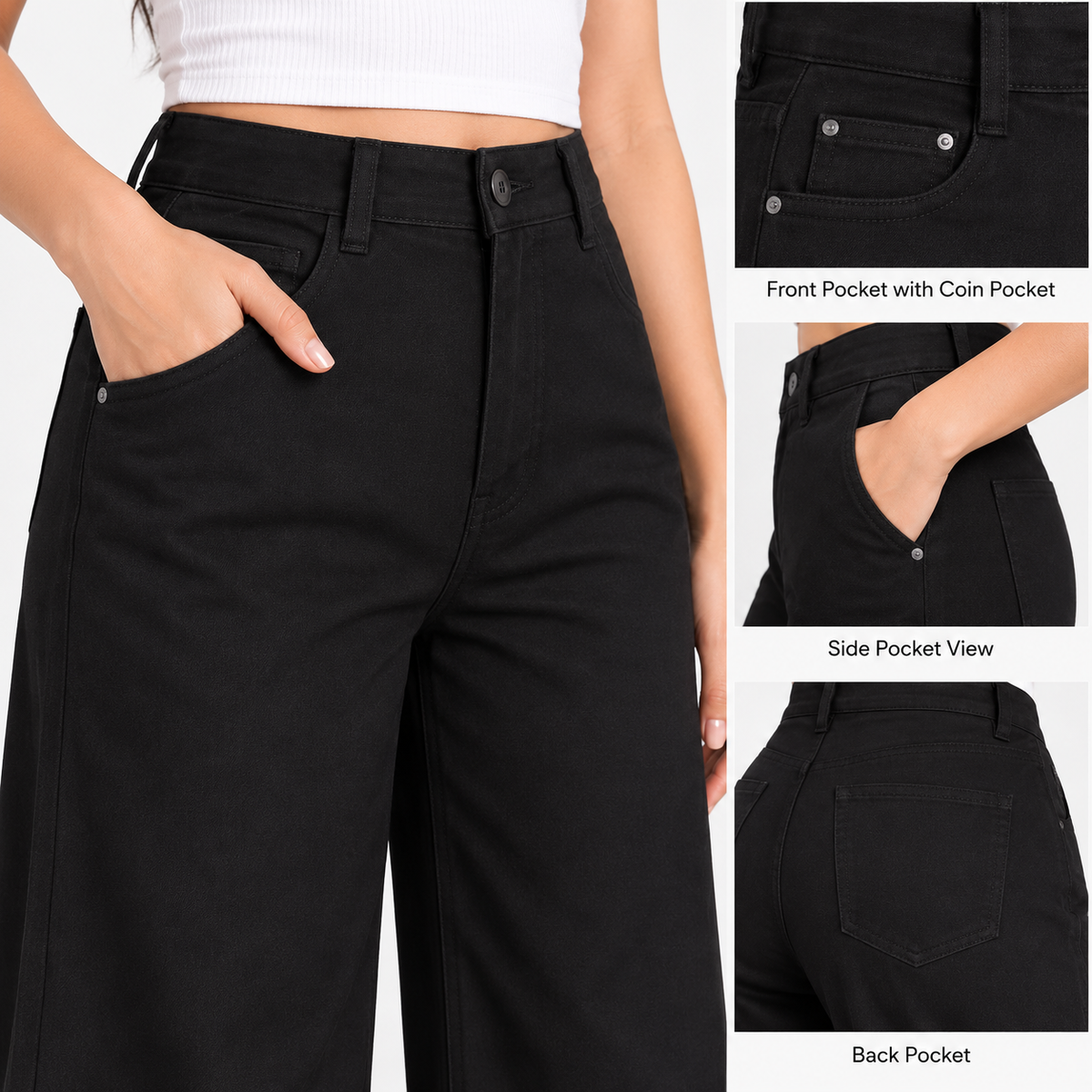 Women's High-Waisted Black Wide-Leg Jeans | Stretch Denim Casual Trousers