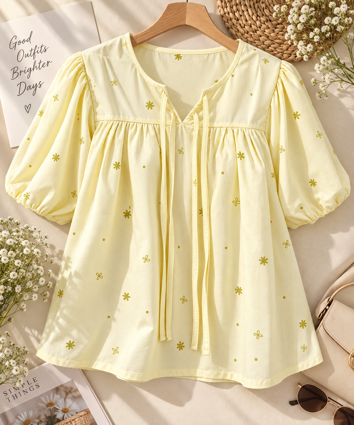 Women’s Floral Printed Peplum Top | Puff Sleeve Loose Fit Casual Top | Tie-Front Cotton Top