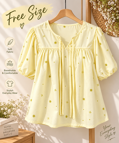 Women’s Floral Printed Peplum Top | Puff Sleeve Loose Fit Casual Top | Tie-Front Cotton Top