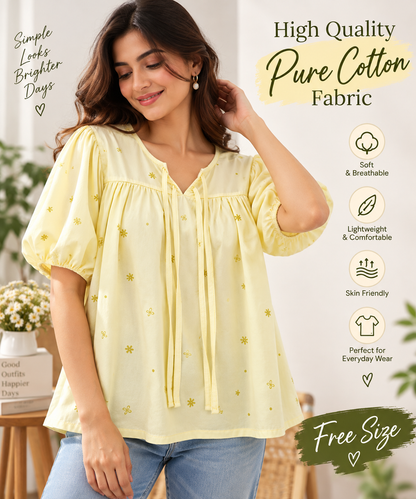 Women’s Floral Printed Peplum Top | Puff Sleeve Loose Fit Casual Top | Tie-Front Cotton Top