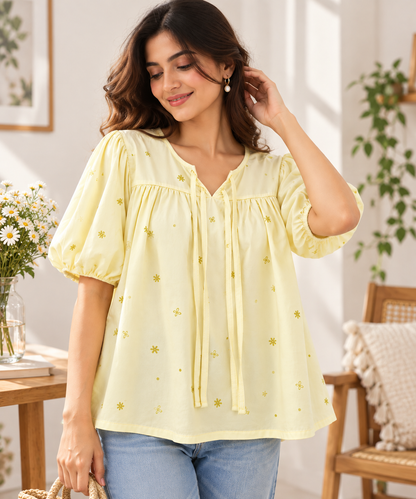 Women’s Floral Printed Peplum Top | Puff Sleeve Loose Fit Casual Top | Tie-Front Cotton Top