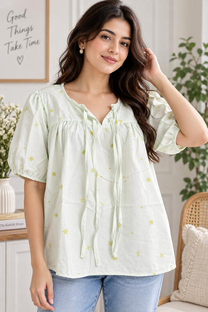 Women’s Floral Printed Peplum Top | Puff Sleeve Loose Fit Casual Top | Tie-Front Cotton Top