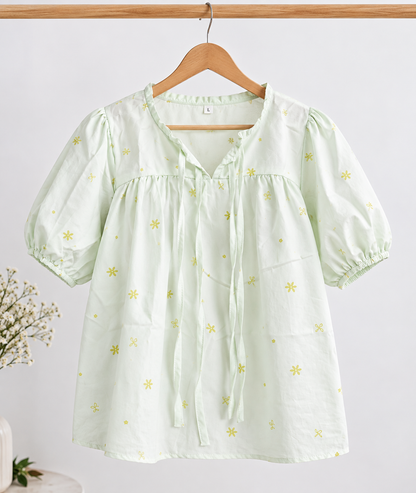 Women’s Floral Printed Peplum Top | Puff Sleeve Loose Fit Casual Top | Tie-Front Cotton Top