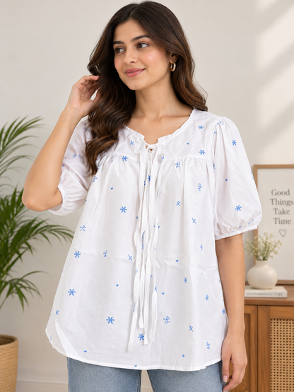 Women’s Floral Printed Peplum Top | Puff Sleeve Loose Fit Casual Top | Tie-Front Cotton Top