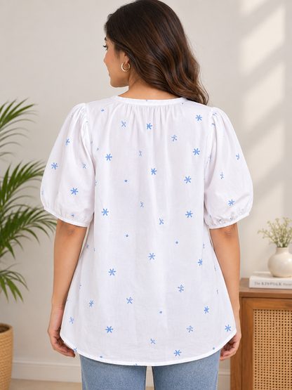 Women’s Floral Printed Peplum Top | Puff Sleeve Loose Fit Casual Top | Tie-Front Cotton Top