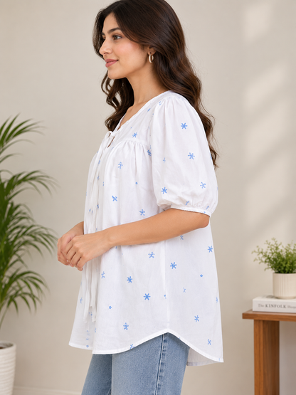 Women’s Floral Printed Peplum Top | Puff Sleeve Loose Fit Casual Top | Tie-Front Cotton Top