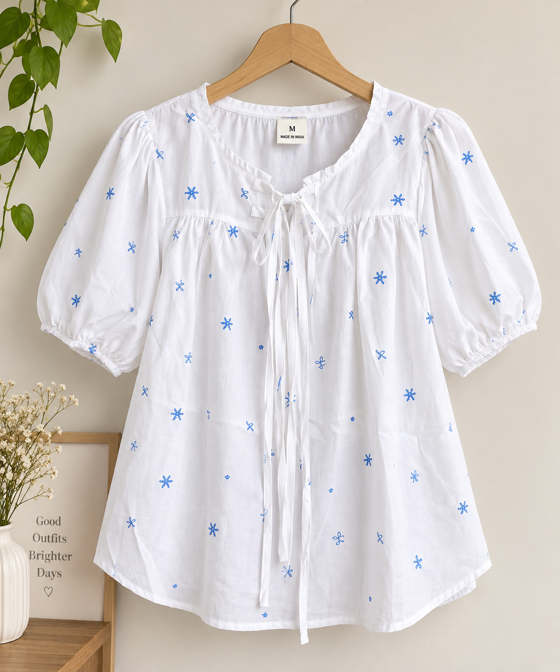 Women’s Floral Printed Peplum Top | Puff Sleeve Loose Fit Casual Top | Tie-Front Cotton Top