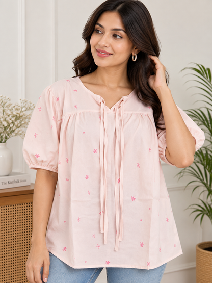 Women’s Floral Printed Peplum Top | Puff Sleeve Loose Fit Casual Top | Tie-Front Cotton Top