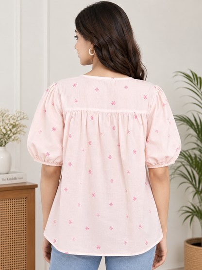 Women’s Floral Printed Peplum Top | Puff Sleeve Loose Fit Casual Top | Tie-Front Cotton Top