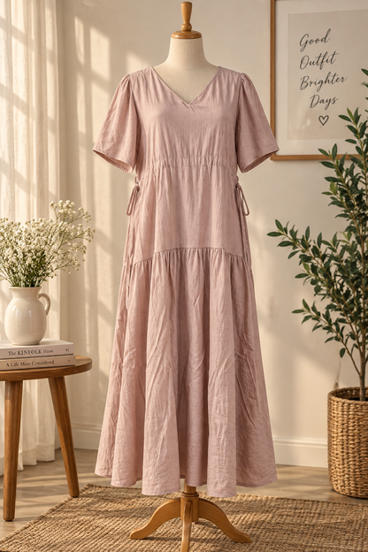 Women's Cotton Blend Tiered Maxi Dress with Tie Waist & V-Neck – Short Sleeve Casual Summer Dress