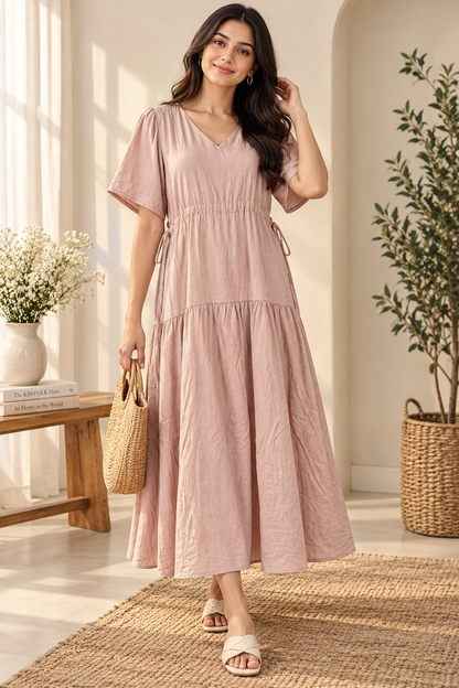 Women's Cotton Blend Tiered Maxi Dress with Tie Waist & V-Neck – Short Sleeve Casual Summer Dress