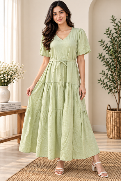 Women's Cotton Blend Tiered Maxi Dress with Tie Waist & V-Neck – Short Sleeve Casual Summer Dress