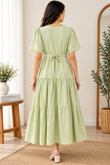 Women's Cotton Blend Tiered Maxi Dress with Tie Waist & V-Neck – Short Sleeve Casual Summer Dress