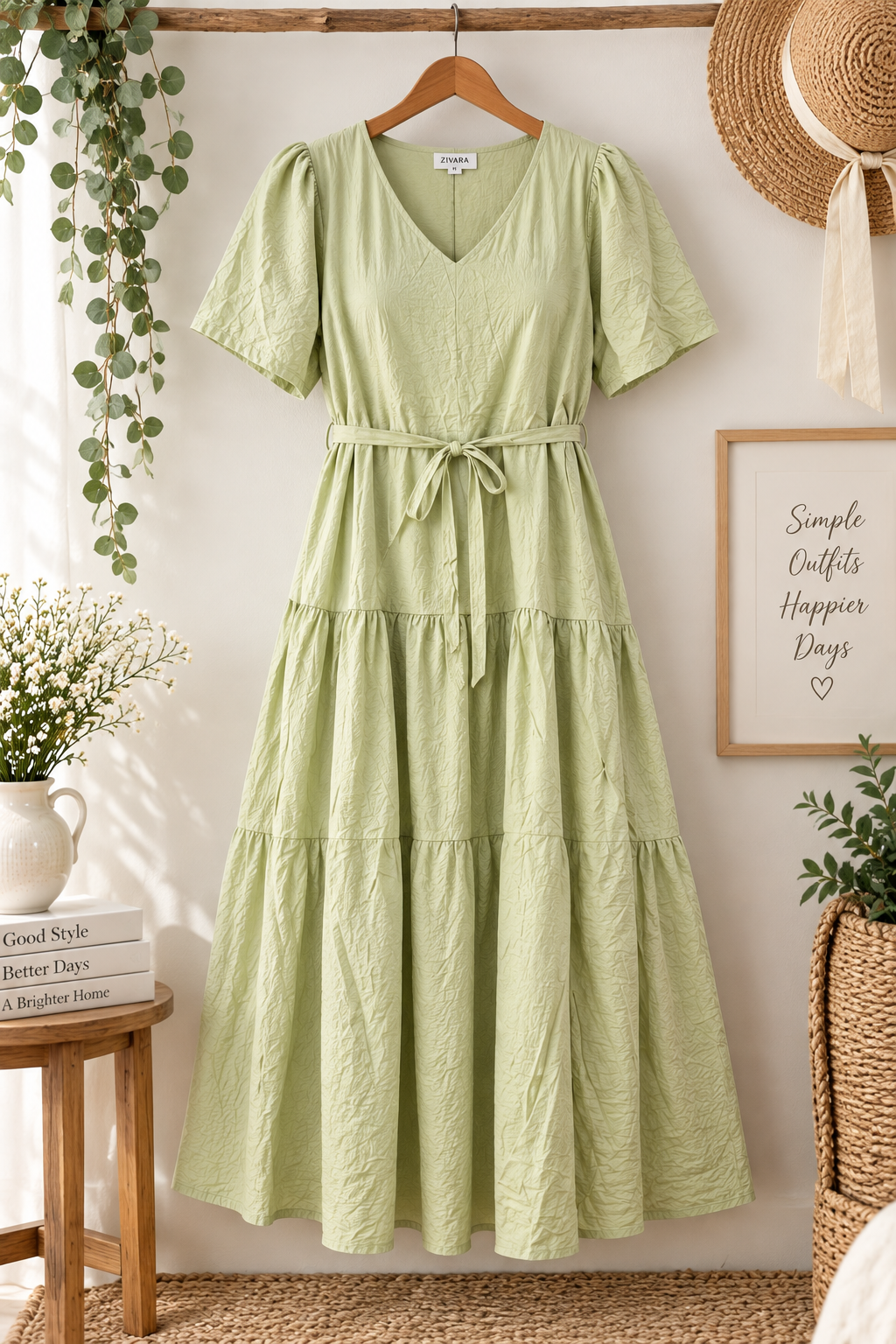 Women's Cotton Blend Tiered Maxi Dress with Tie Waist & V-Neck – Short Sleeve Casual Summer Dress