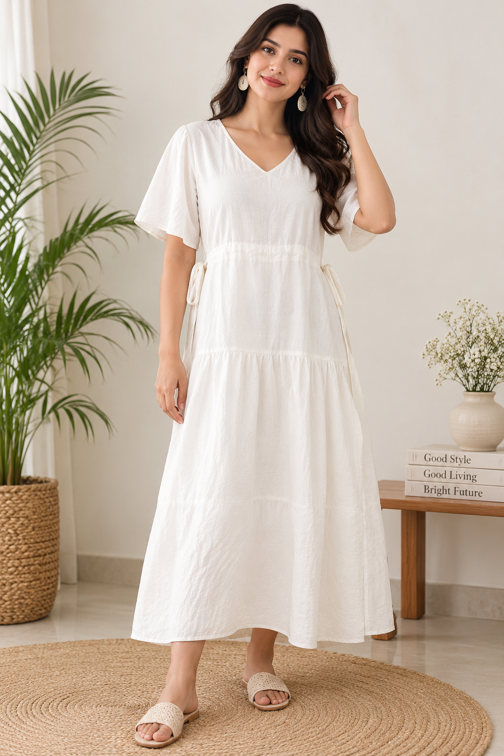 Women's Cotton Blend Tiered Maxi Dress with Tie Waist & V-Neck – Short Sleeve Casual Summer Dress