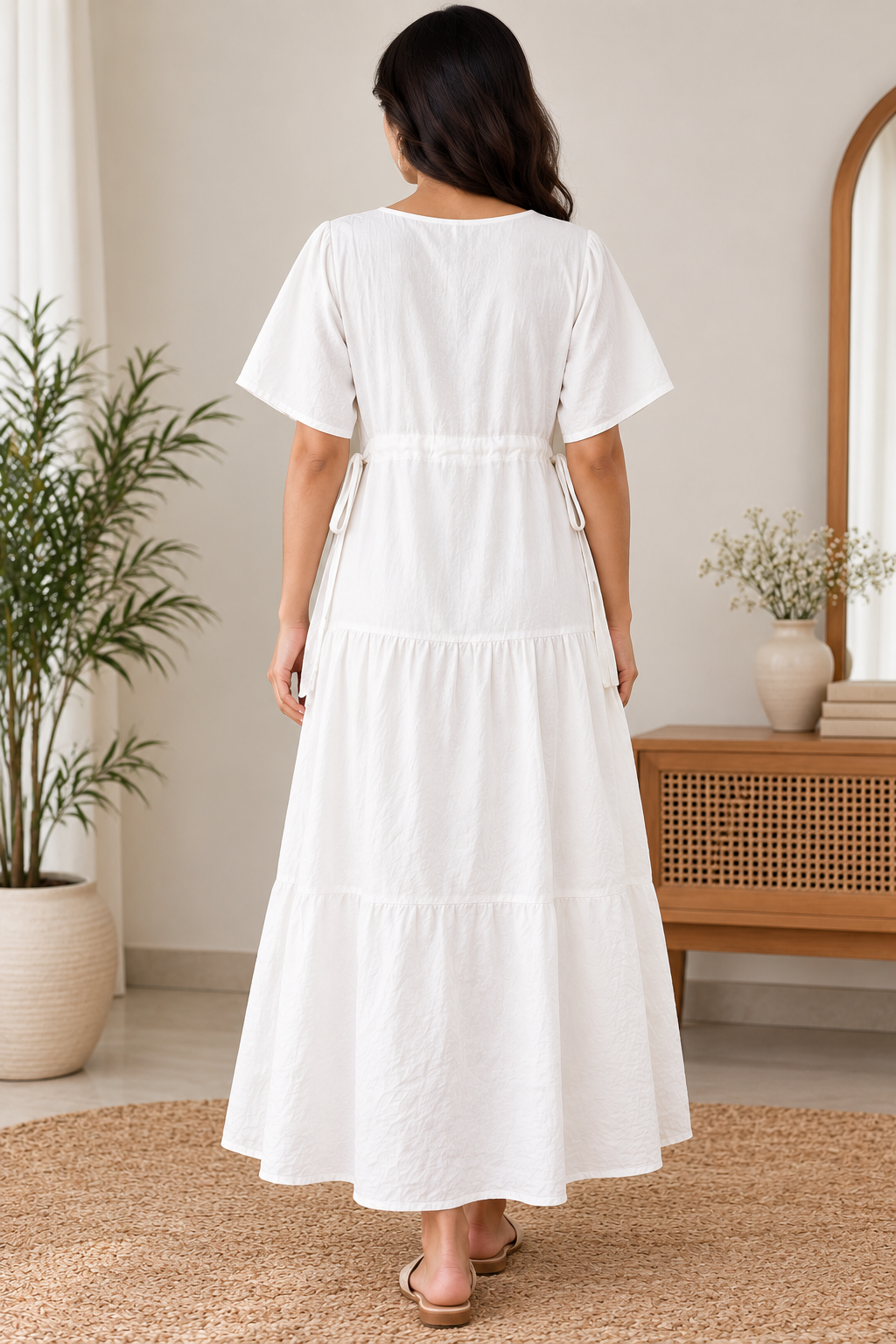 Women's Cotton Blend Tiered Maxi Dress with Tie Waist & V-Neck – Short Sleeve Casual Summer Dress
