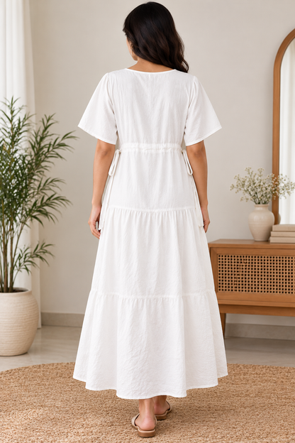 Women's Cotton Blend Tiered Maxi Dress with Tie Waist & V-Neck – Short Sleeve Casual Summer Dress