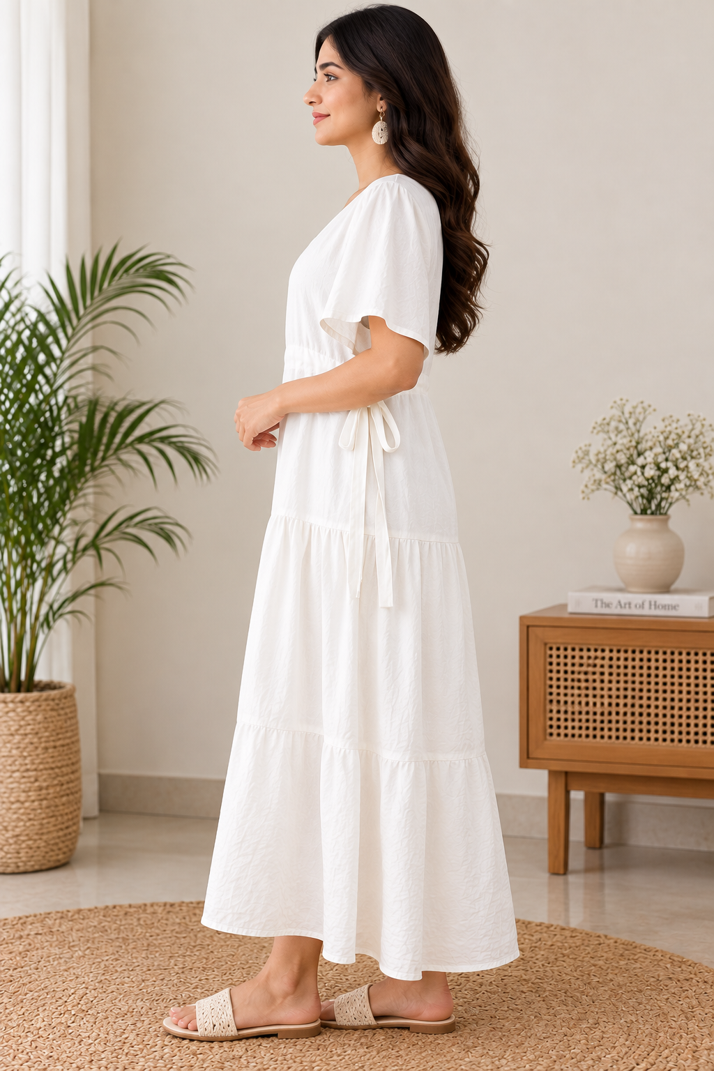 Women's Cotton Blend Tiered Maxi Dress with Tie Waist & V-Neck – Short Sleeve Casual Summer Dress