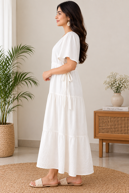 Women's Cotton Blend Tiered Maxi Dress with Tie Waist & V-Neck – Short Sleeve Casual Summer Dress