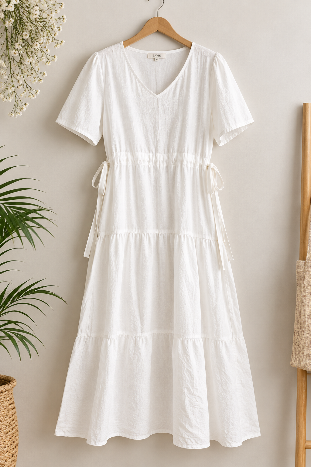 Women's Cotton Blend Tiered Maxi Dress with Tie Waist & V-Neck – Short Sleeve Casual Summer Dress