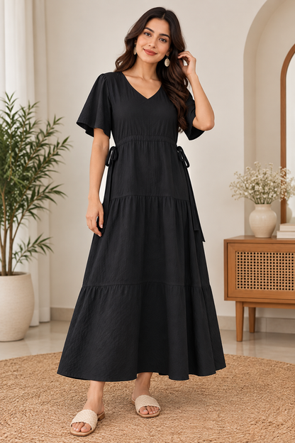 Women's Cotton Blend Tiered Maxi Dress with Tie Waist & V-Neck – Short Sleeve Casual Summer Dress