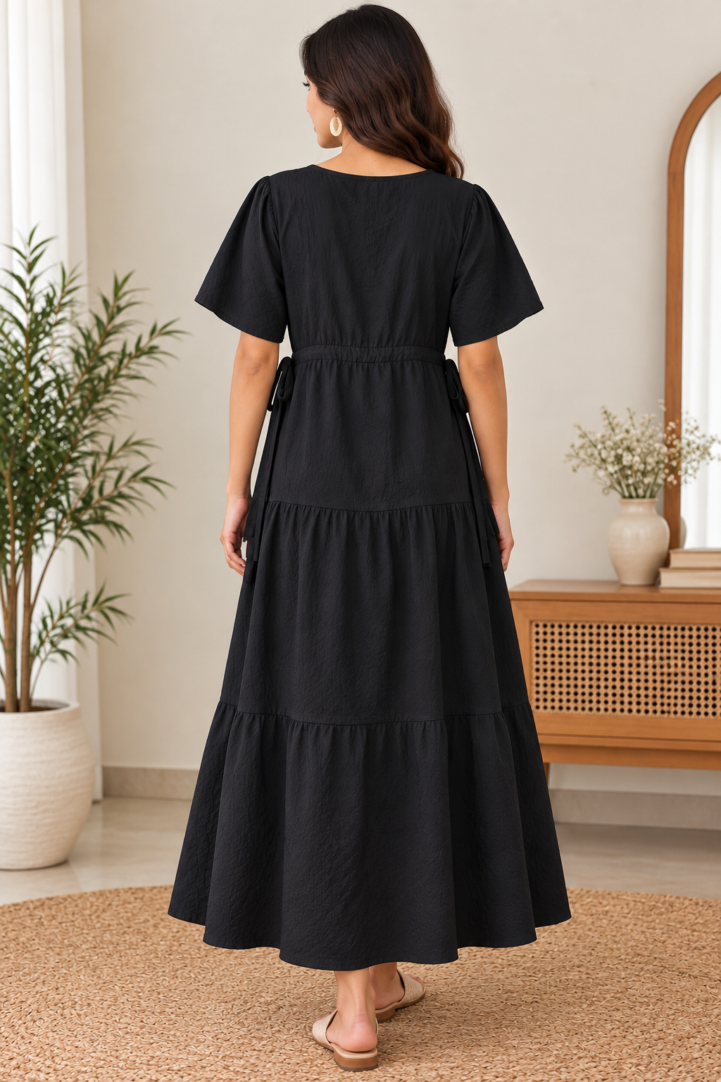 Women's Cotton Blend Tiered Maxi Dress with Tie Waist & V-Neck – Short Sleeve Casual Summer Dress