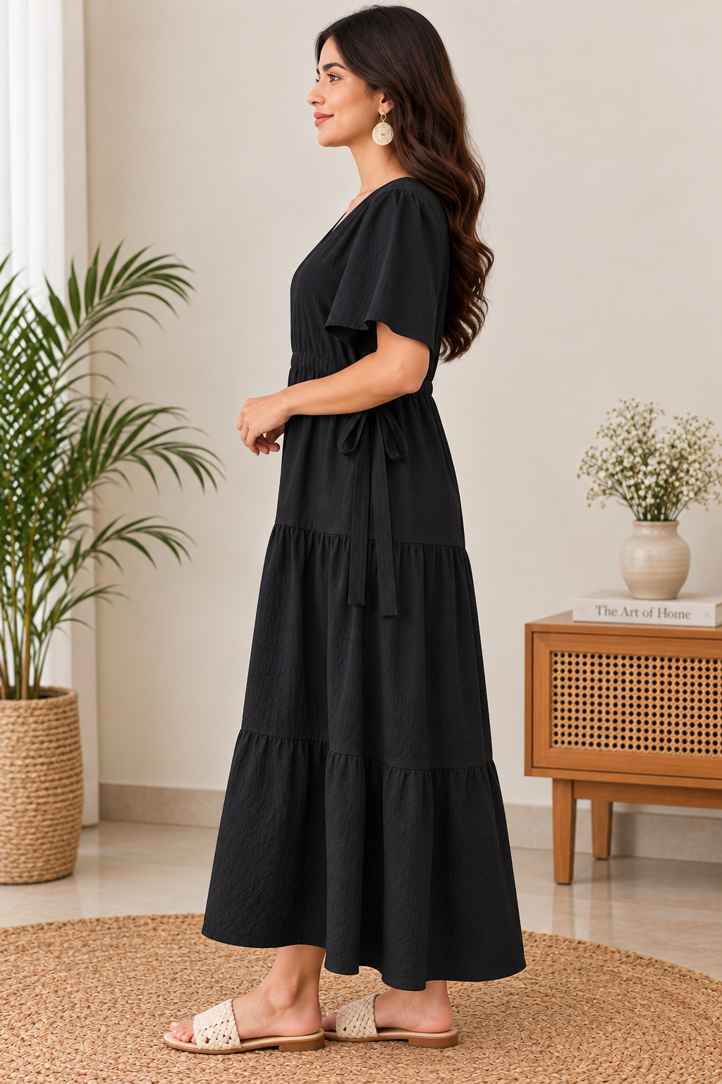 Women's Cotton Blend Tiered Maxi Dress with Tie Waist & V-Neck – Short Sleeve Casual Summer Dress
