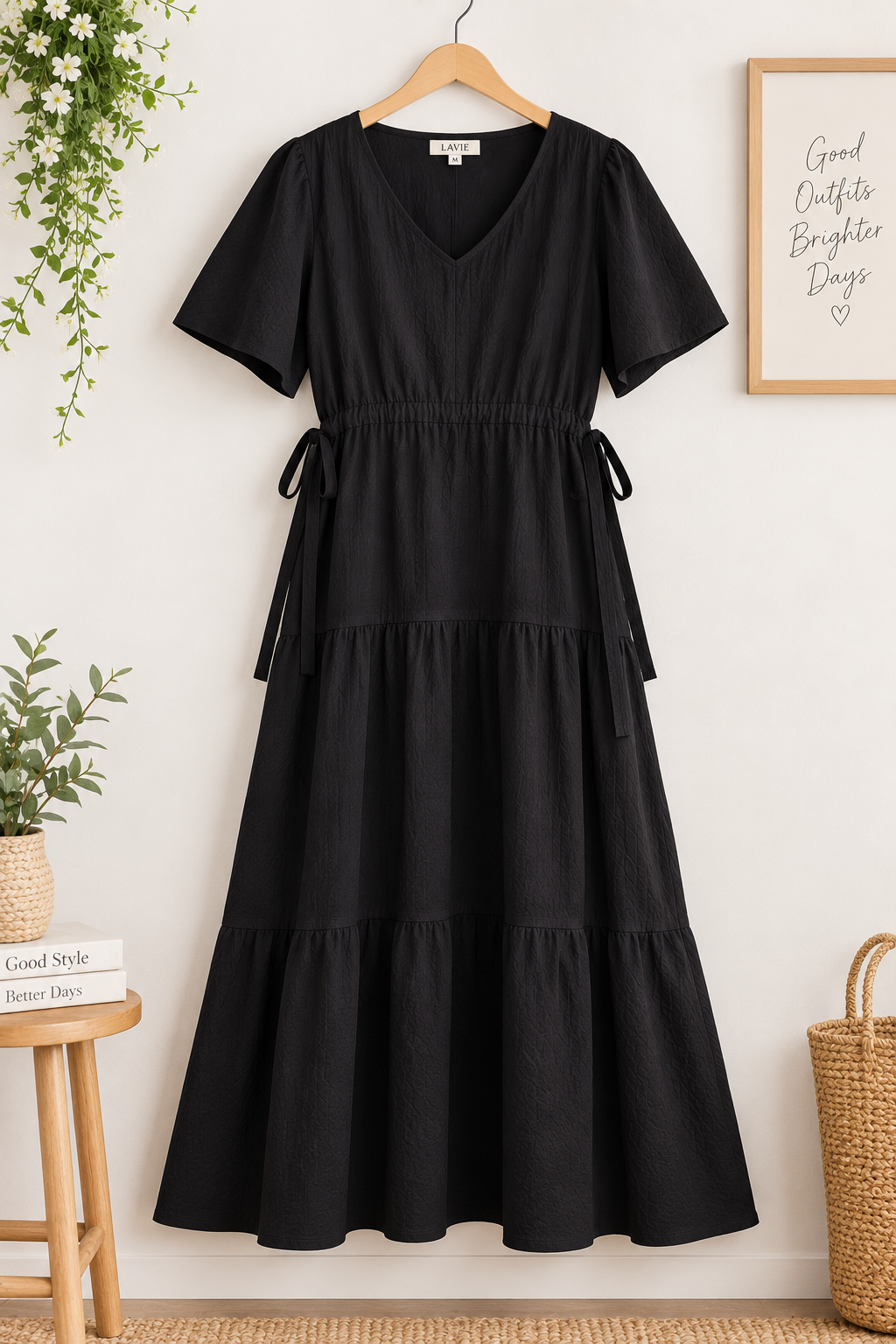 Women's Cotton Blend Tiered Maxi Dress with Tie Waist & V-Neck – Short Sleeve Casual Summer Dress