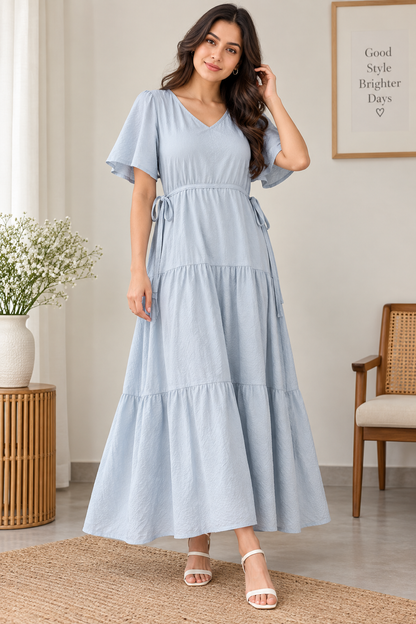 Women's Cotton Blend Tiered Maxi Dress with Tie Waist & V-Neck – Short Sleeve Casual Summer Dress