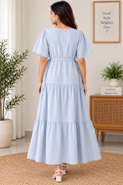 Women's Cotton Blend Tiered Maxi Dress with Tie Waist & V-Neck – Short Sleeve Casual Summer Dress