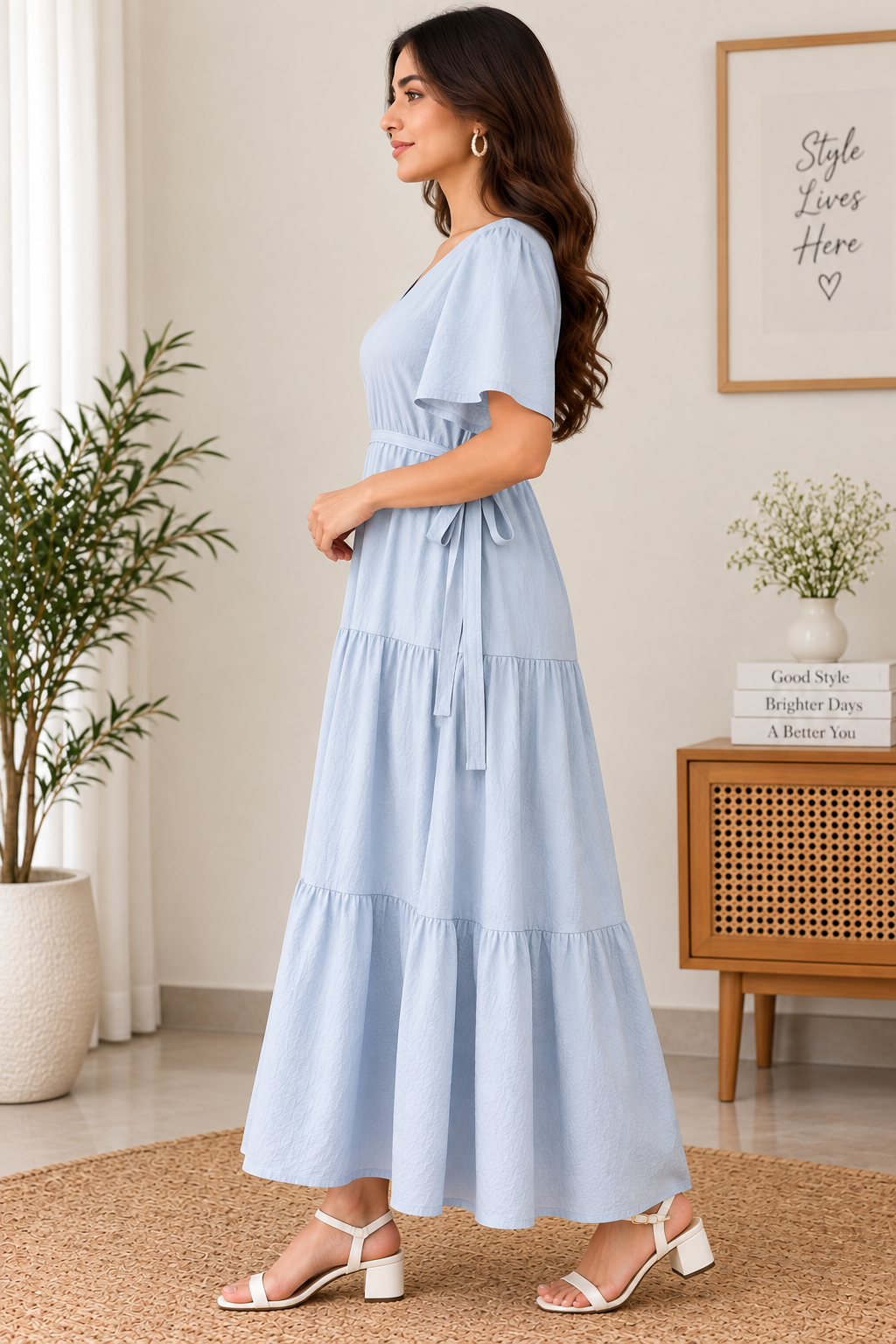 Women's Cotton Blend Tiered Maxi Dress with Tie Waist & V-Neck – Short Sleeve Casual Summer Dress