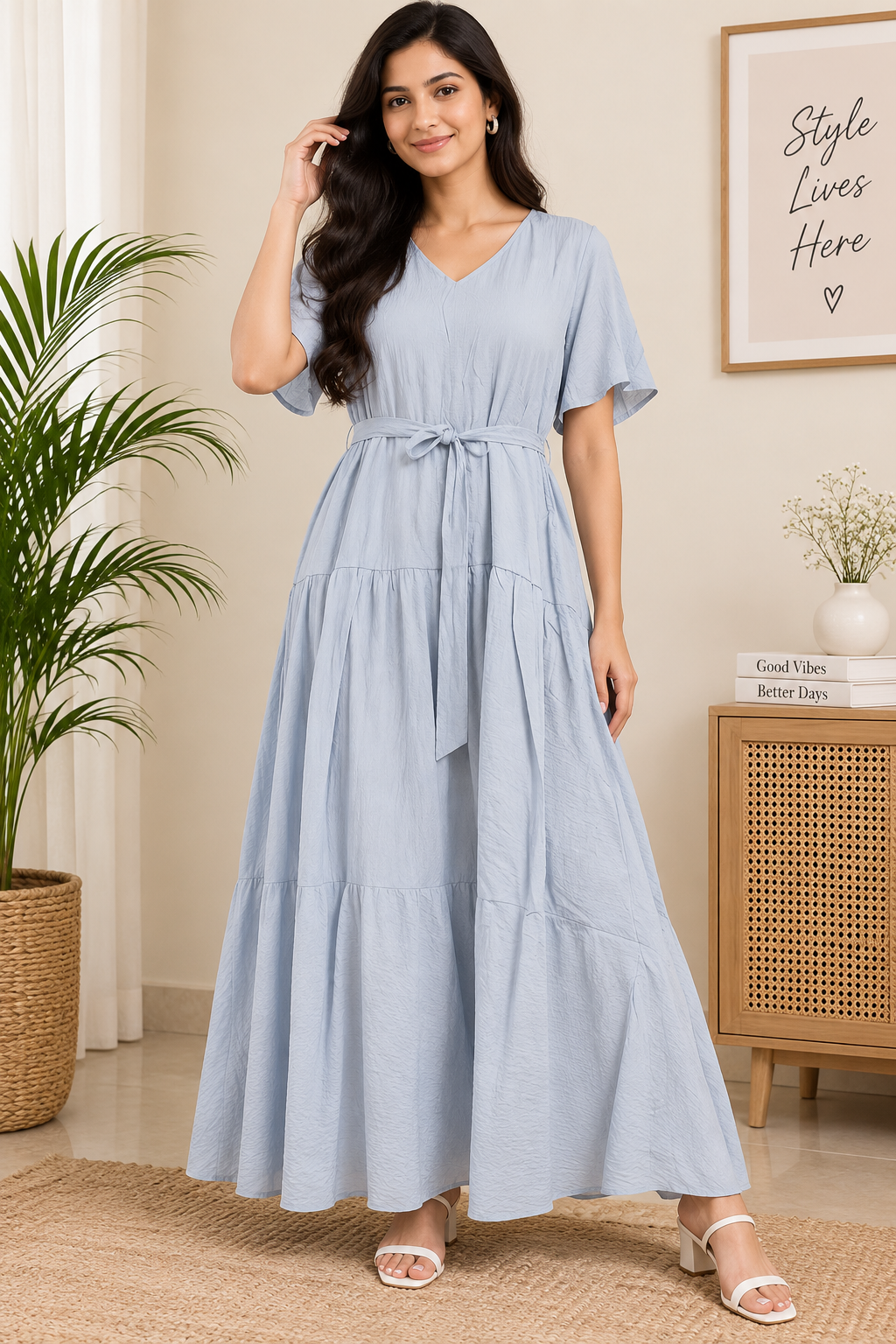Women's Cotton Blend Tiered Maxi Dress with Tie Waist & V-Neck – Short Sleeve Casual Summer Dress
