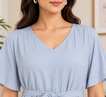 Women's Cotton Blend Tiered Maxi Dress with Tie Waist & V-Neck – Short Sleeve Casual Summer Dress