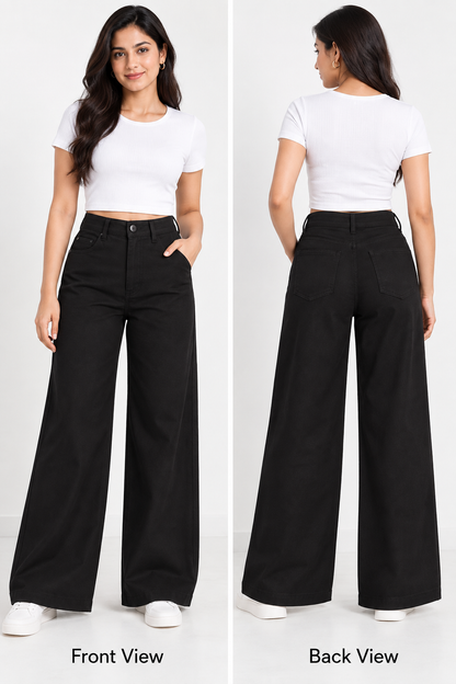 Women's High-Waisted Black Wide-Leg Jeans | Stretch Denim Casual Trousers