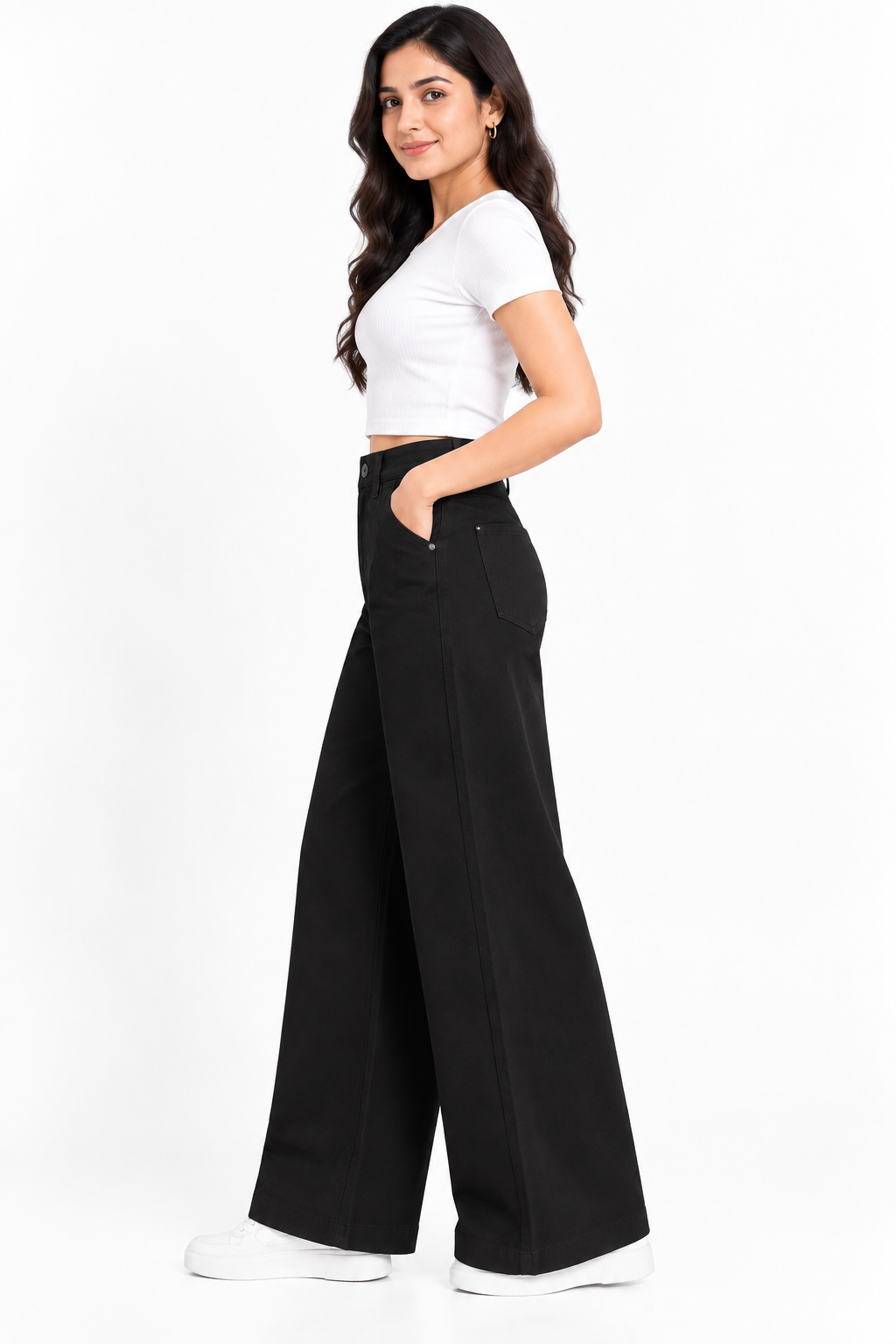 Women's High-Waisted Black Wide-Leg Jeans | Stretch Denim Casual Trousers