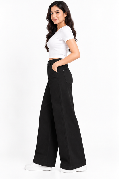Women's High-Waisted Black Wide-Leg Jeans | Stretch Denim Casual Trousers