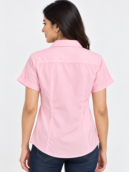Women’s Pink Short Sleeve Button Down Shirt – Korean-Inspired Casual Shirt